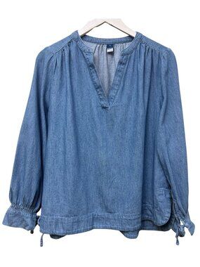 Old Navy Denim Peasant Top Womens Medium Blue Pullover Tie Sleeve